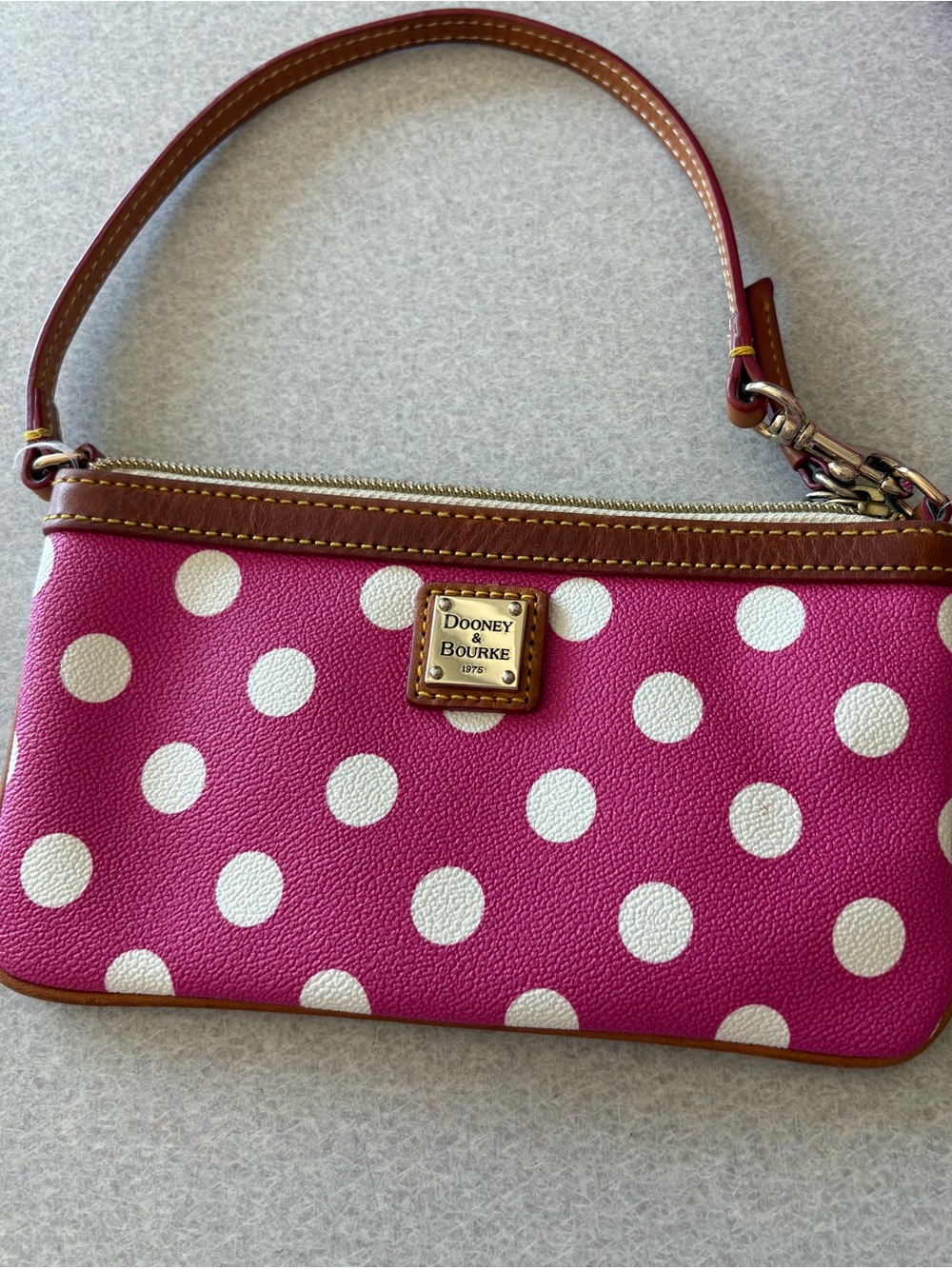 Dooney & Bourke Hot Pink Polka Dot Wristlet with Brown Trim